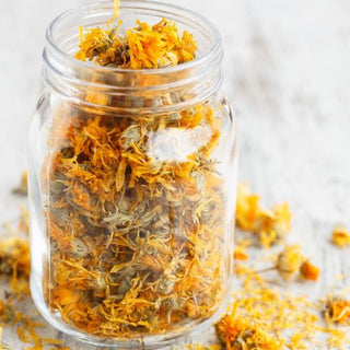 Calendula flowers in and around a glas jar on a wooden table