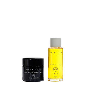 Our glow body exfoliator and calm body oil