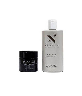 Our glow body exfoliator and purity body lotion